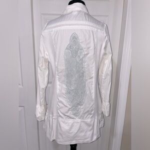 Alison Sheri white button down blouse with embroidery, size M
